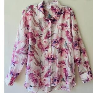 Bailey 44 Blouse Medium Watercolor Floral Button Up Semi Sheer Silky Lyocell